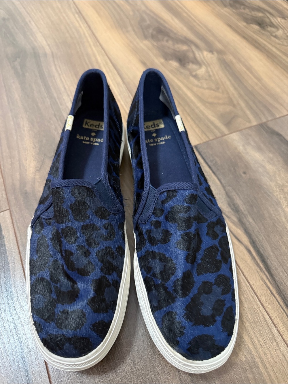 Kate Spade Keds Navy and Black Leopard Slip-On Loafers